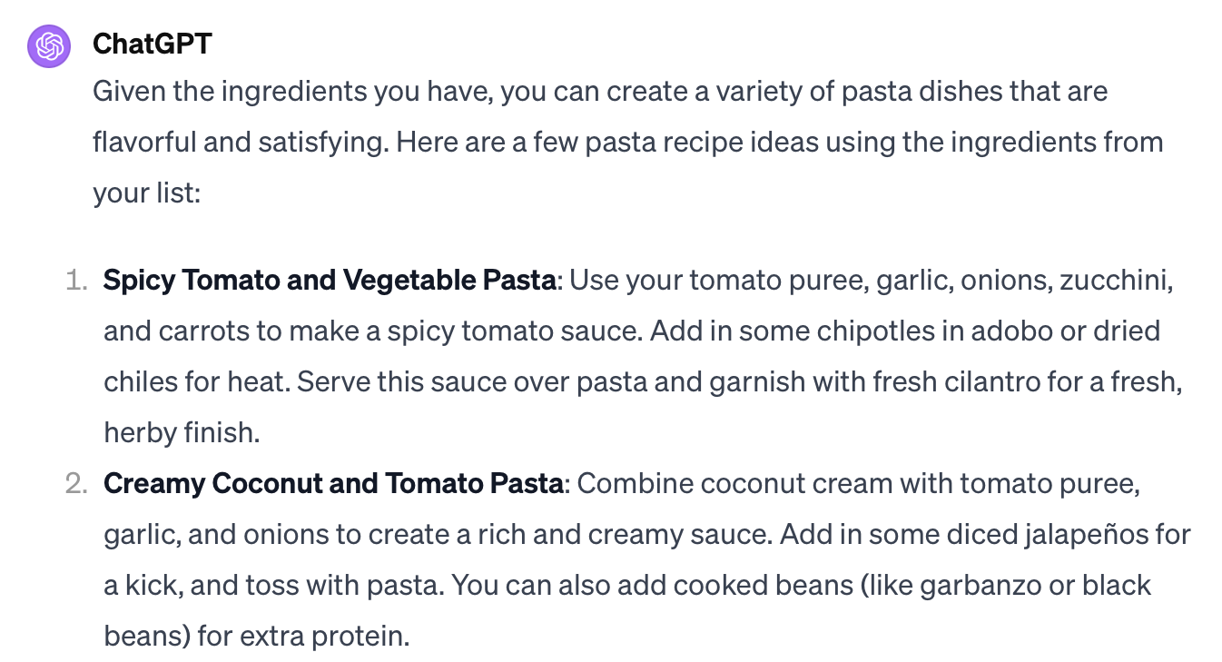 ChatGPT response to request for recipes to use up produce and reduce food waste